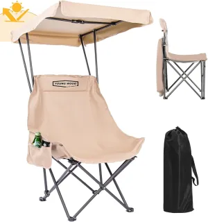 YOUNG WOOD Portable Camping Chair Beach Chair with Shade Canopy, Fold Lightweight Oversized Suit for All, Easy to Open,Close Without Installation, Side Pocket Design for All Outdoor Activities,Khaki