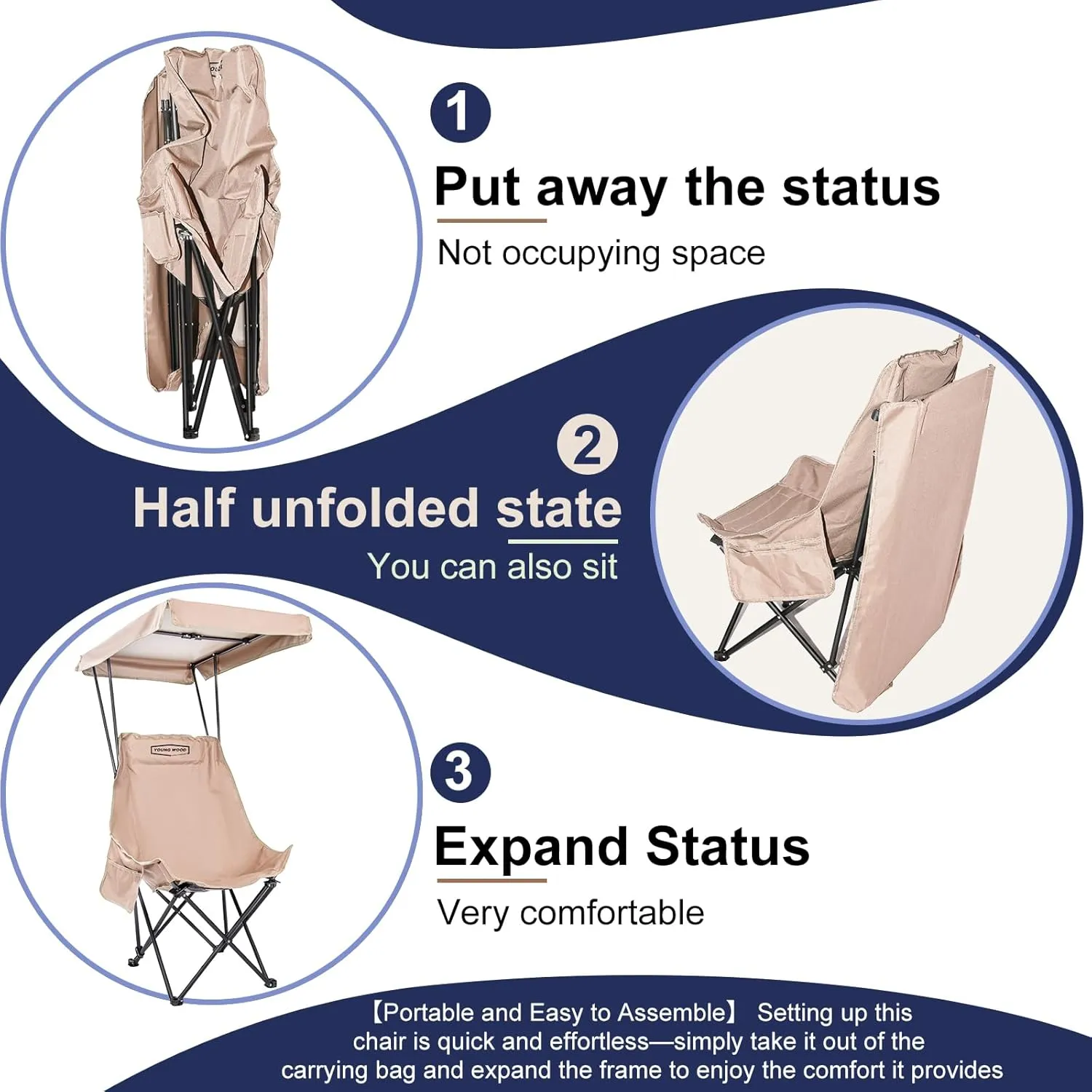 YOUNG WOOD Portable Camping Chair Beach Chair with Shade Canopy, Fold Lightweight Oversized Suit for All, Easy to Open,Close Without Installation, Side Pocket Design for All Outdoor Activities,Khaki
