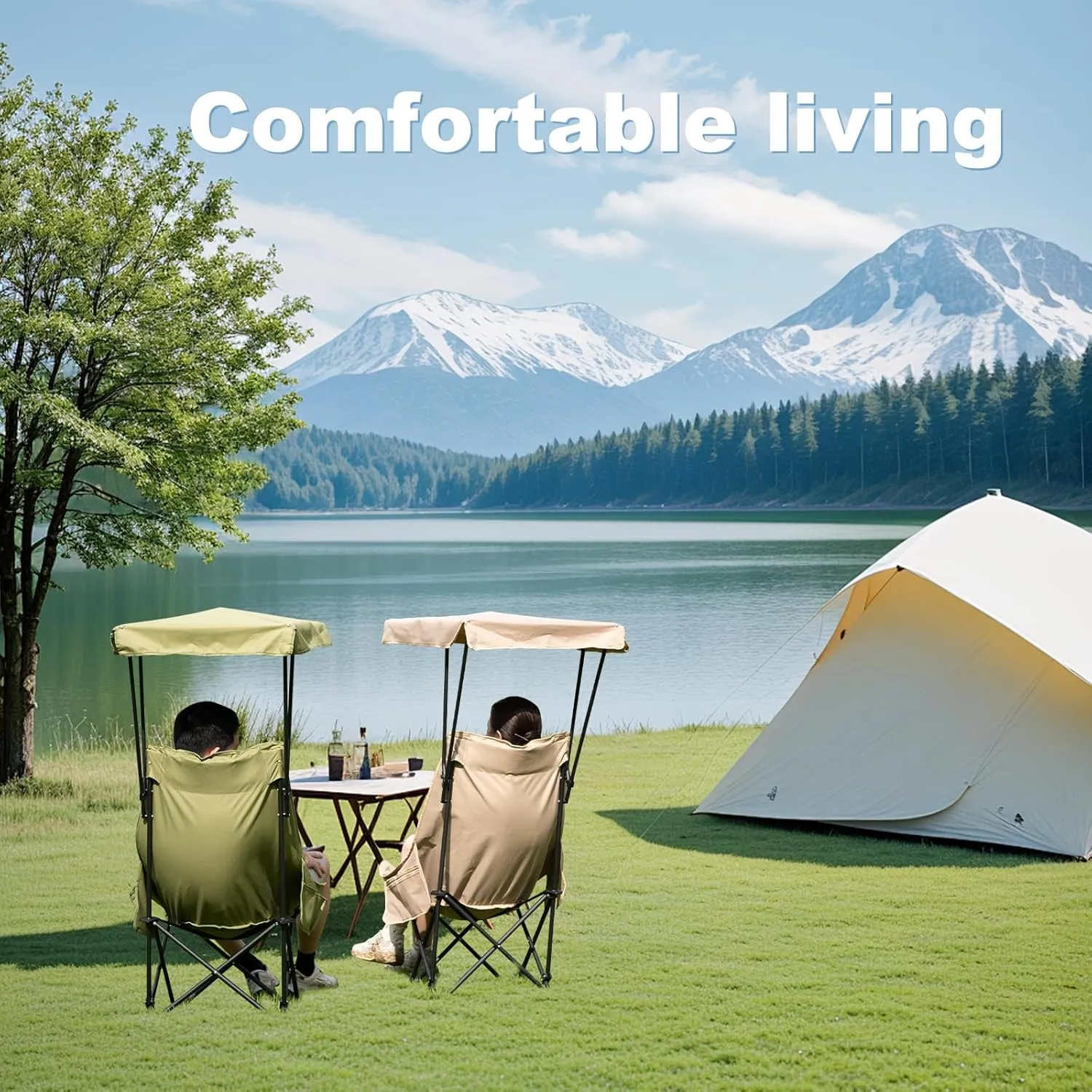 YOUNG WOOD Portable Camping Chair Beach Chair with Shade Canopy, Fold Lightweight Oversized Suit for All, Easy to Open,Close Without Installation, Side Pocket Design for All Outdoor Activities,Khaki