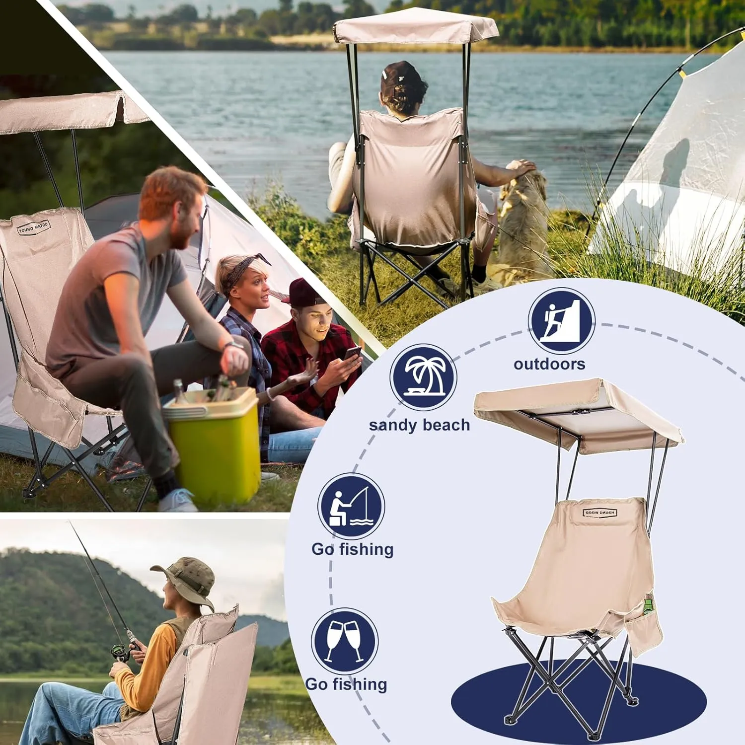 YOUNG WOOD Portable Camping Chair Beach Chair with Shade Canopy, Fold Lightweight Oversized Suit for All, Easy to Open,Close Without Installation, Side Pocket Design for All Outdoor Activities,Khaki