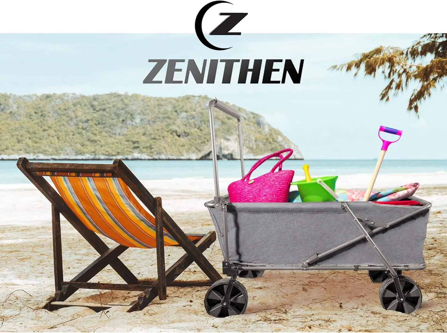 Zenithen Foldable Jumbo Folding Portable Wagon with X-Large All Terrain Wheels, Perfect for Camping, Beach Days, Picnics, Outdoor Recreation and Traveling, Grey