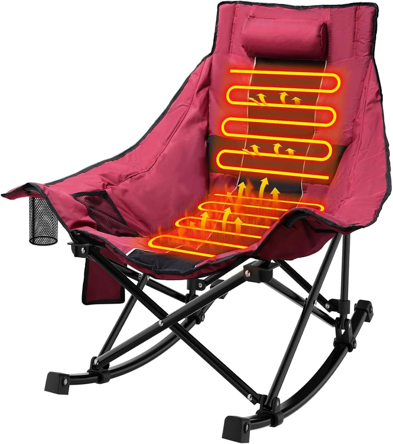 ZENPETIO Heated Camping Chair, Oversized Outdoor Rocking Chair with 3 Heat Levels, Portable Folding Heated Chair for Camp, Lawn, Sports, Winter Use (Battery NOT Included)