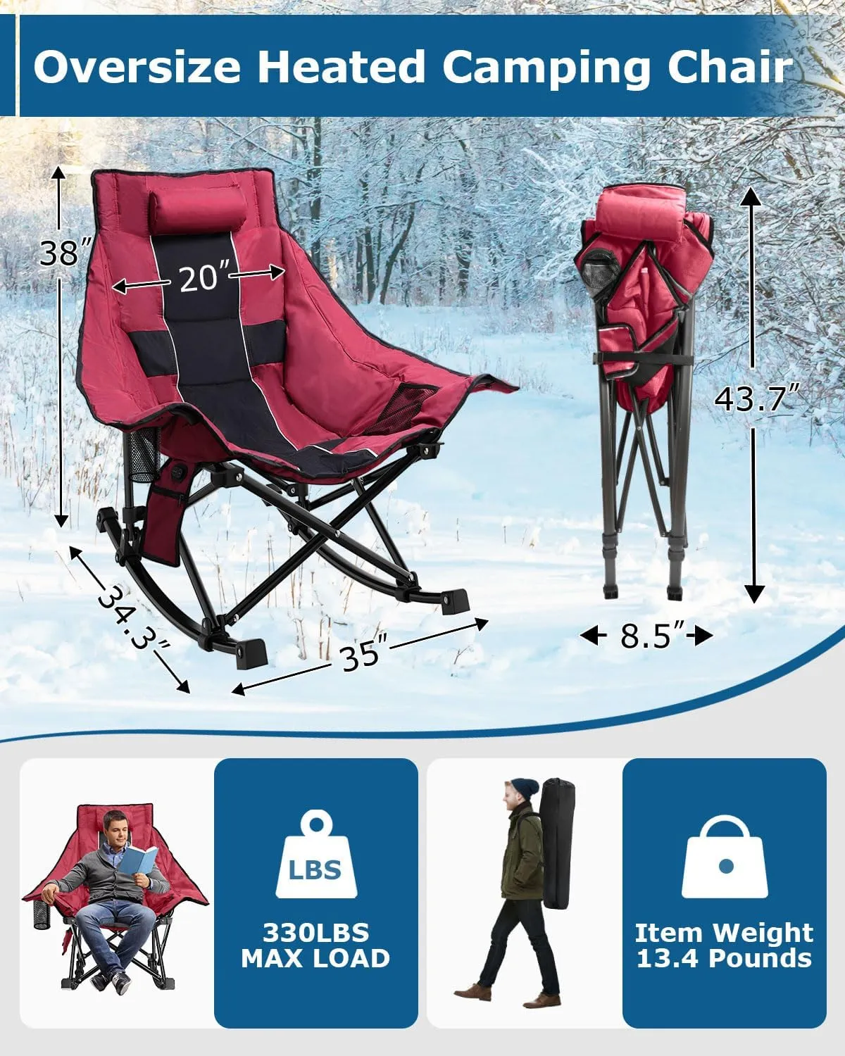 ZENPETIO Heated Camping Chair, Oversized Outdoor Rocking Chair with 3 Heat Levels, Portable Folding Heated Chair for Camp, Lawn, Sports, Winter Use (Battery NOT Included)