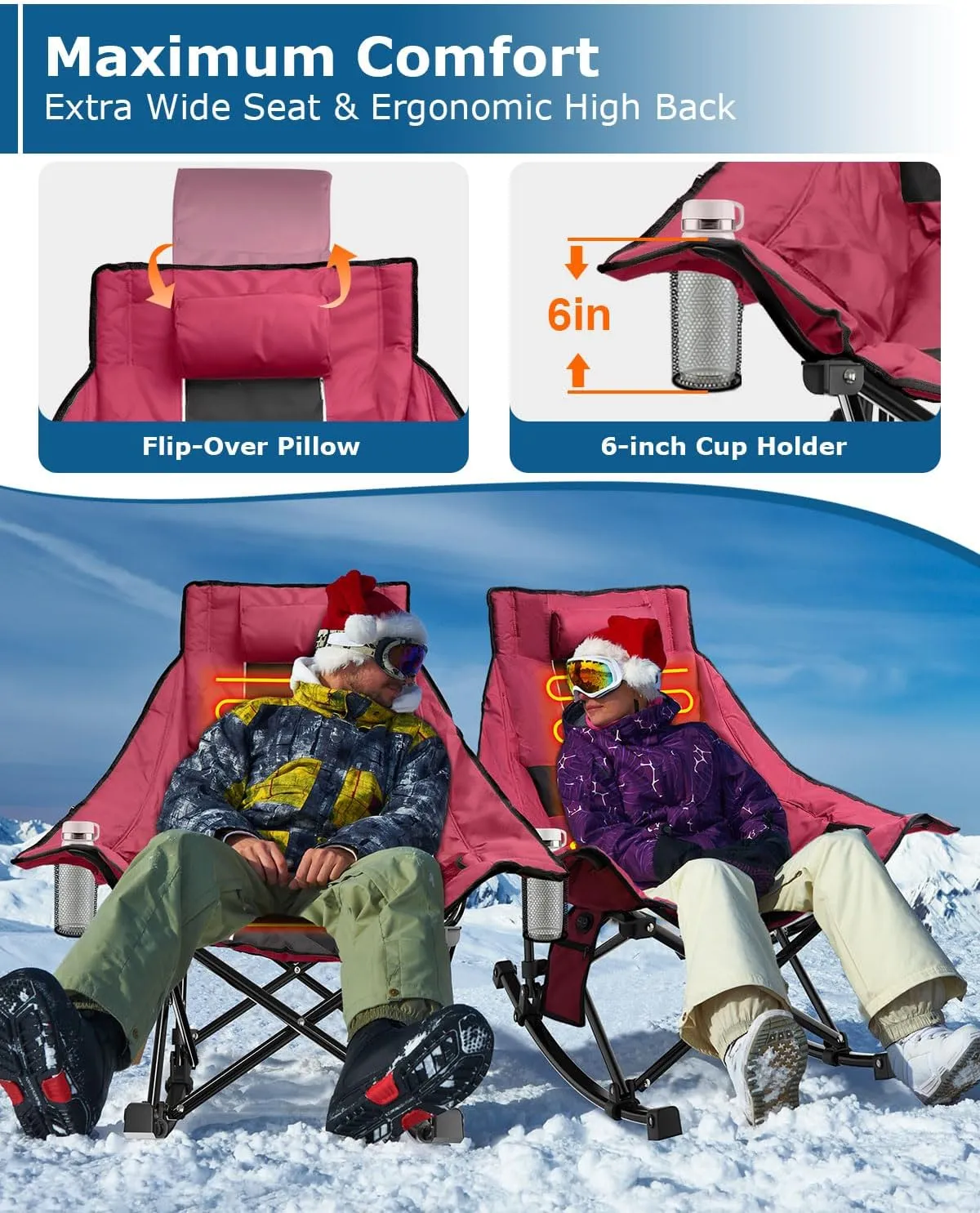 ZENPETIO Heated Camping Chair, Oversized Outdoor Rocking Chair with 3 Heat Levels, Portable Folding Heated Chair for Camp, Lawn, Sports, Winter Use (Battery NOT Included)