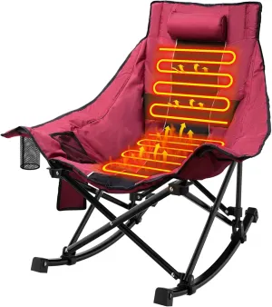 ZENPETIO Heated Camping Chair, Oversized Outdoor Rocking Chair with 3 Heat Levels, Portable Folding Heated Chair for Camp, Lawn, Sports, Winter Use (Battery NOT Included)