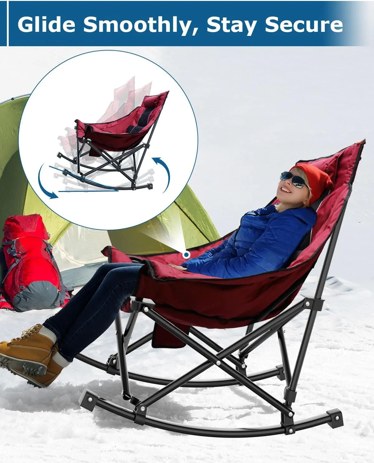 ZENPETIO Heated Camping Chair, Oversized Outdoor Rocking Chair with 3 Heat Levels, Portable Folding Heated Chair for Camp, Lawn, Sports, Winter Use (Battery NOT Included)