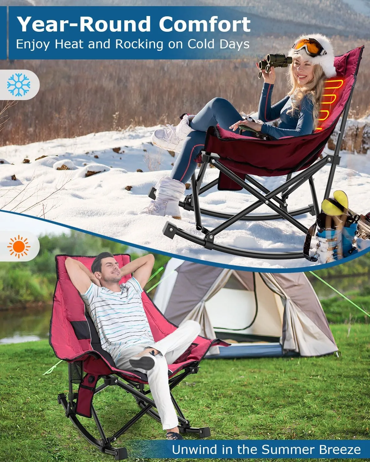 ZENPETIO Heated Camping Chair, Oversized Outdoor Rocking Chair with 3 Heat Levels, Portable Folding Heated Chair for Camp, Lawn, Sports, Winter Use (Battery NOT Included)