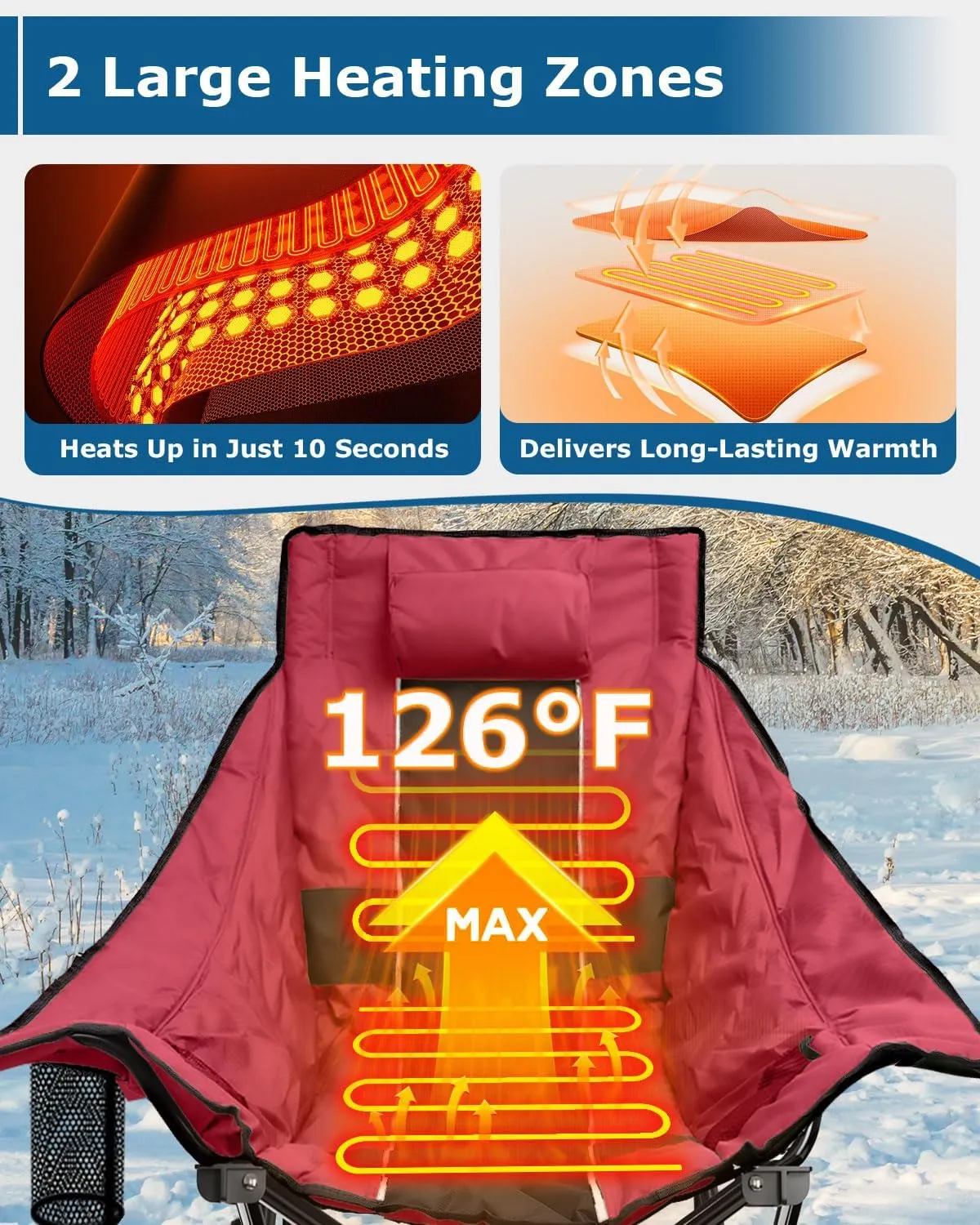 ZENPETIO Heated Camping Chair, Oversized Outdoor Rocking Chair with 3 Heat Levels, Portable Folding Heated Chair for Camp, Lawn, Sports, Winter Use (Battery NOT Included)
