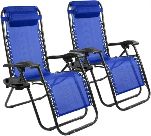 Zero Gravity Chair Set of 2 with Cup Holder & Removable Pillows, Adjustable Reclining Outdoor Patio Folding Chairs Portable Lounge Chair Furniture for Poolside, Lawn, Beach, Camping, Blue
