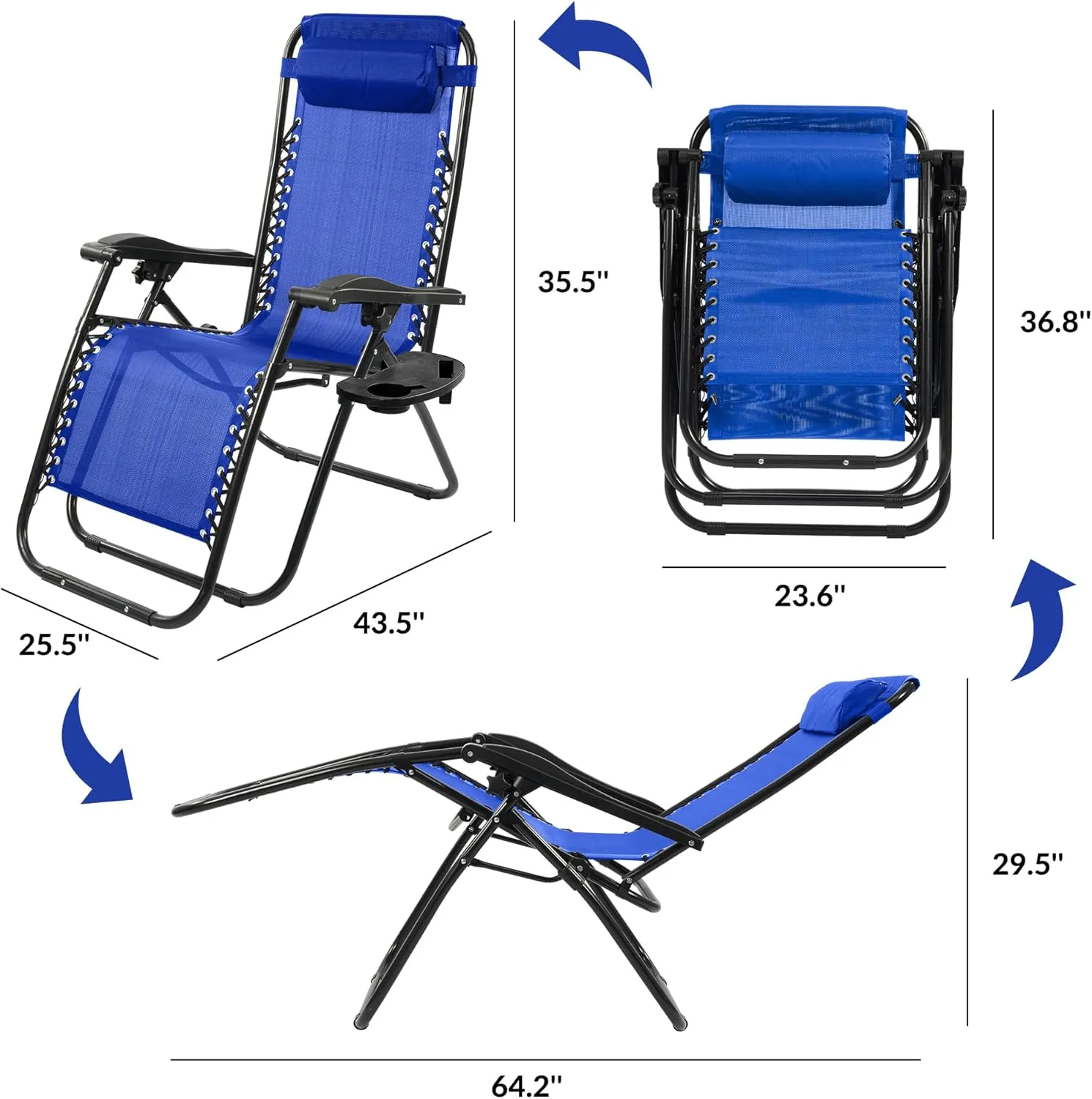 Zero Gravity Chair with Cup Holder & Removable Pillow, Adjustable Reclining Outdoor Patio Folding Chairs for Adults Portable Lounge Chair Furniture for Poolside, Lawn, Beach, Camping, Black