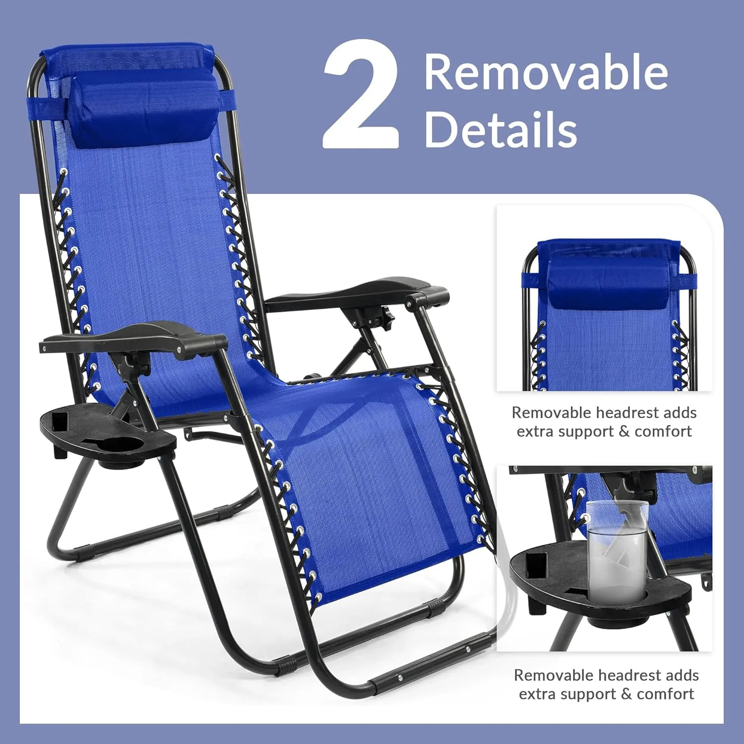 Zero Gravity Chair with Cup Holder & Removable Pillow, Adjustable Reclining Outdoor Patio Folding Chairs for Adults Portable Lounge Chair Furniture for Poolside, Lawn, Beach, Camping, Black