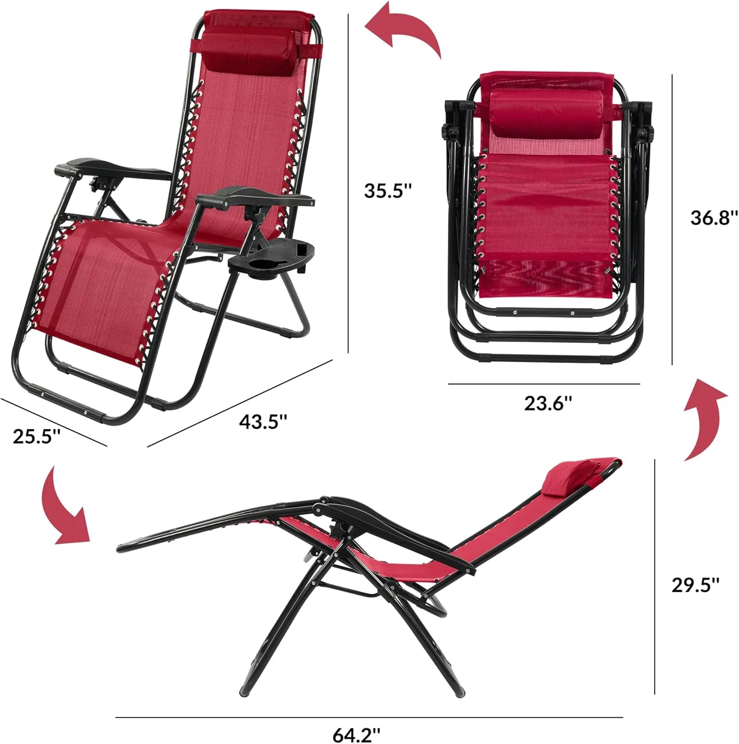 Zero Gravity Chair with Cup Holder & Removable Pillow, Adjustable Reclining Outdoor Patio Folding Chairs for Adults Portable Lounge Chair Furniture for Poolside, Lawn, Beach, Camping, Red