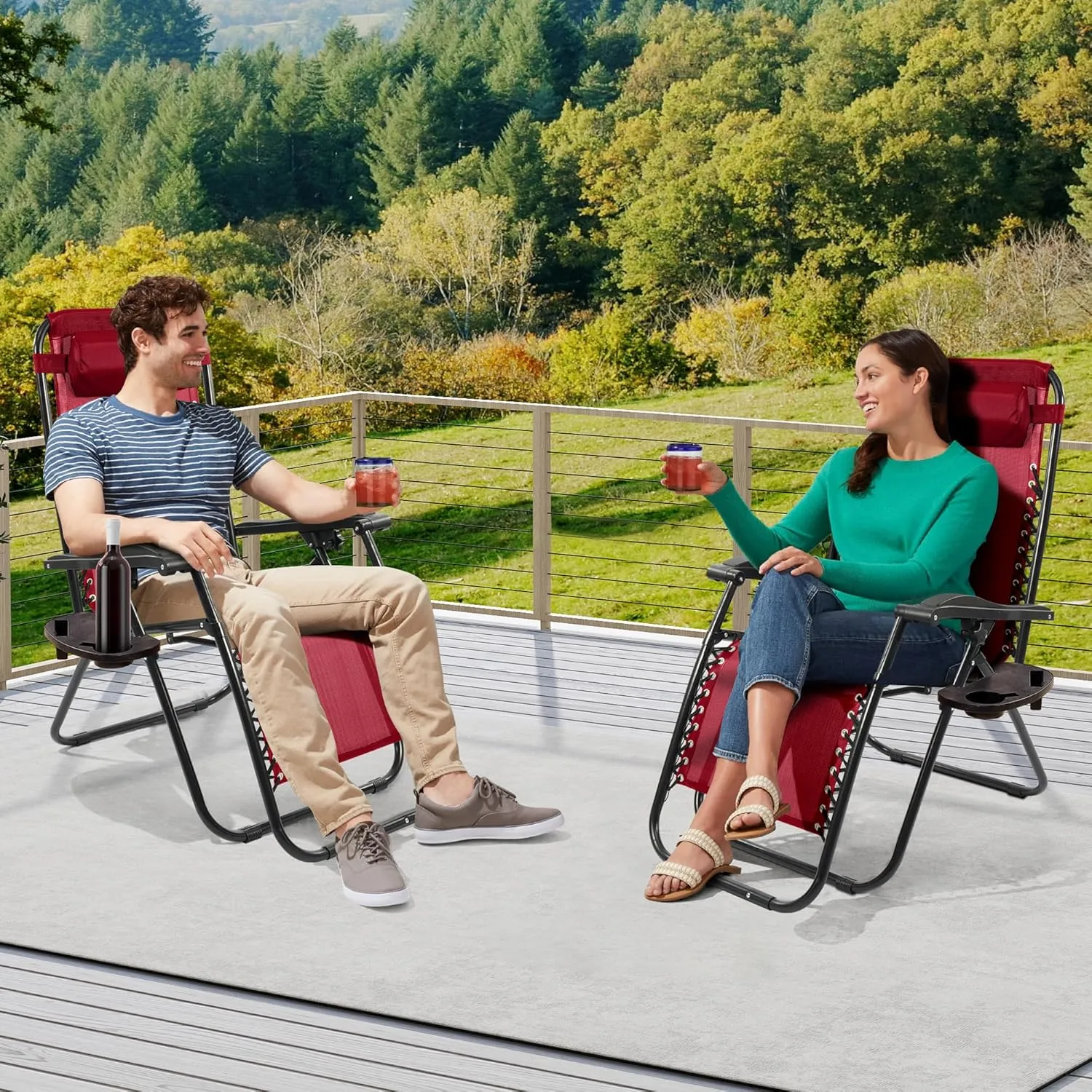 Zero Gravity Chair with Cup Holder & Removable Pillow, Adjustable Reclining Outdoor Patio Folding Chairs for Adults Portable Lounge Chair Furniture for Poolside, Lawn, Beach, Camping, Red
