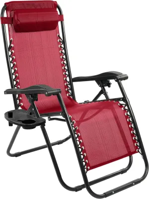 Zero Gravity Chair with Cup Holder & Removable Pillow, Adjustable Reclining Outdoor Patio Folding Chairs for Adults Portable Lounge Chair Furniture for Poolside, Lawn, Beach, Camping, Red