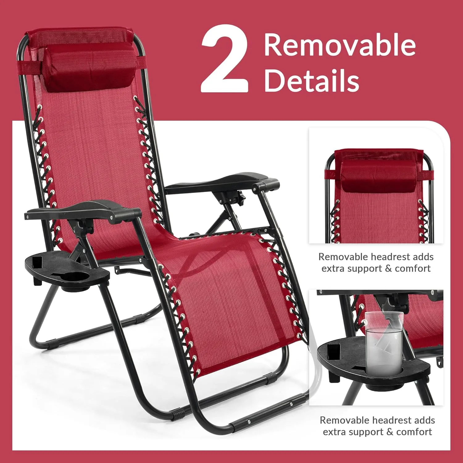 Zero Gravity Chair with Cup Holder & Removable Pillow, Adjustable Reclining Outdoor Patio Folding Chairs for Adults Portable Lounge Chair Furniture for Poolside, Lawn, Beach, Camping, Red