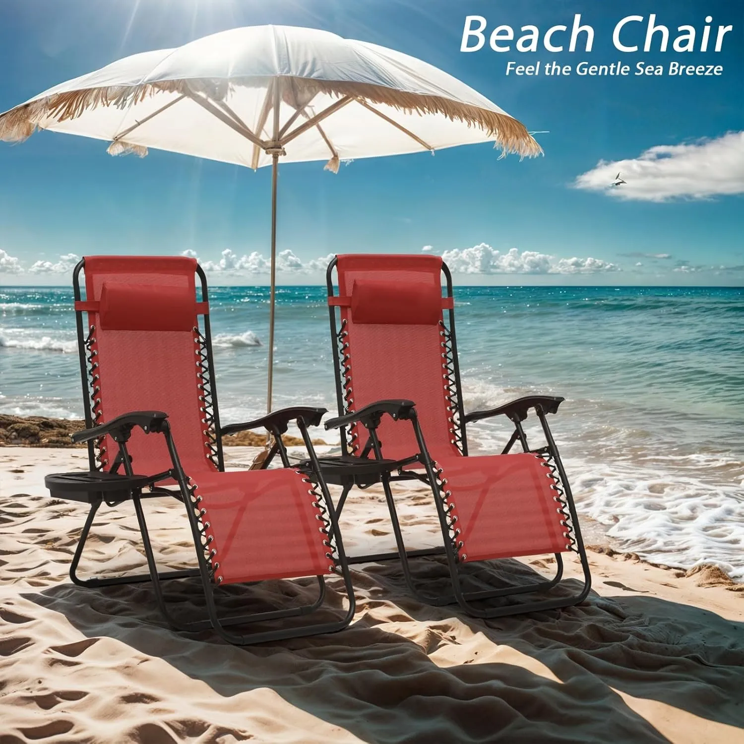 Zero Gravity Chairs, Portable Folding Reclining Lounge Chairs with Adjustable Pillow and Cup Holder Trays for Outdoor, Patio, Beach, Camping, Garden, Poolside, Set of 2 Wine Red