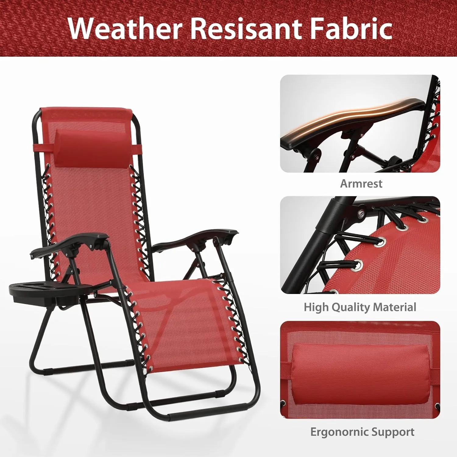 Zero Gravity Chairs, Portable Folding Reclining Lounge Chairs with Adjustable Pillow and Cup Holder Trays for Outdoor, Patio, Beach, Camping, Garden, Poolside, Set of 2 Wine Red