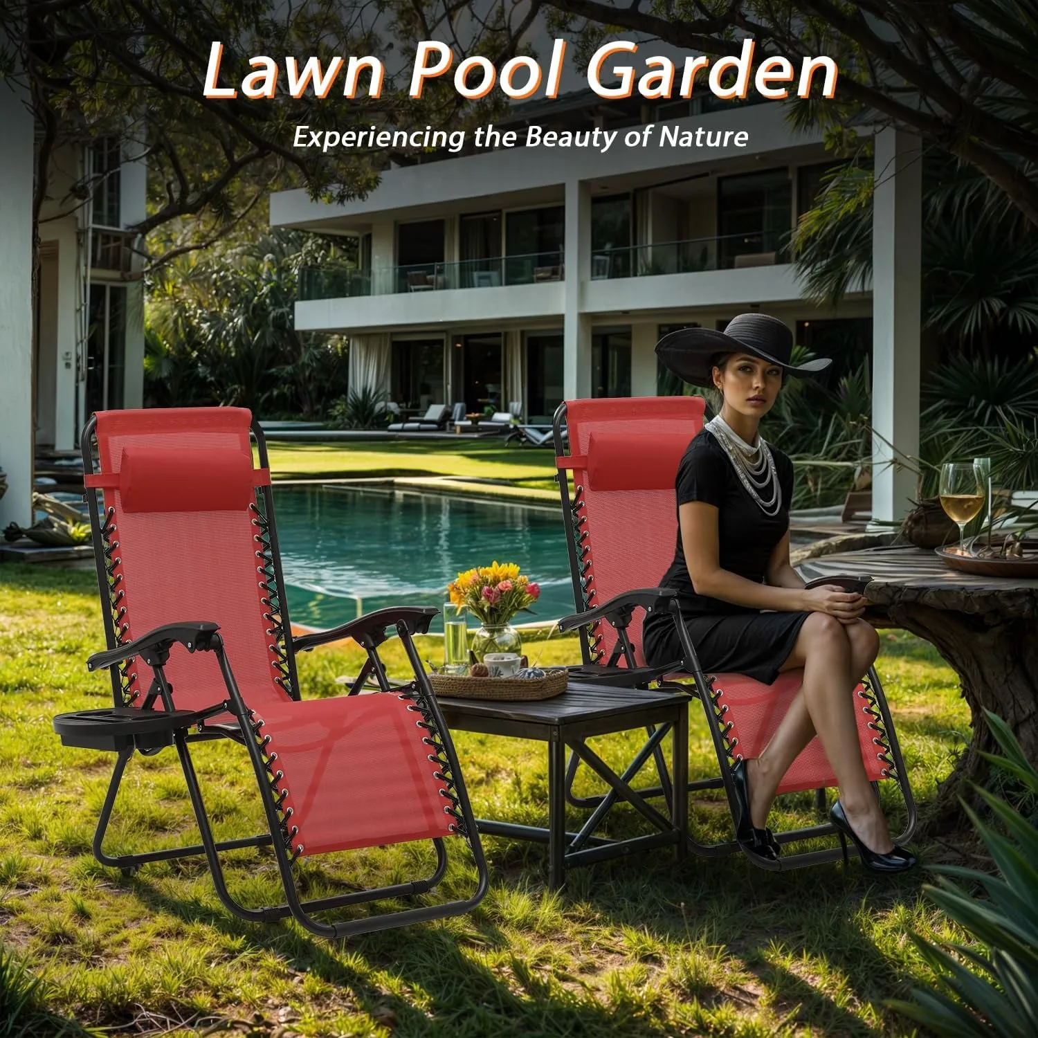 Zero Gravity Chairs, Portable Folding Reclining Lounge Chairs with Adjustable Pillow and Cup Holder Trays for Outdoor, Patio, Beach, Camping, Garden, Poolside, Set of 2 Wine Red