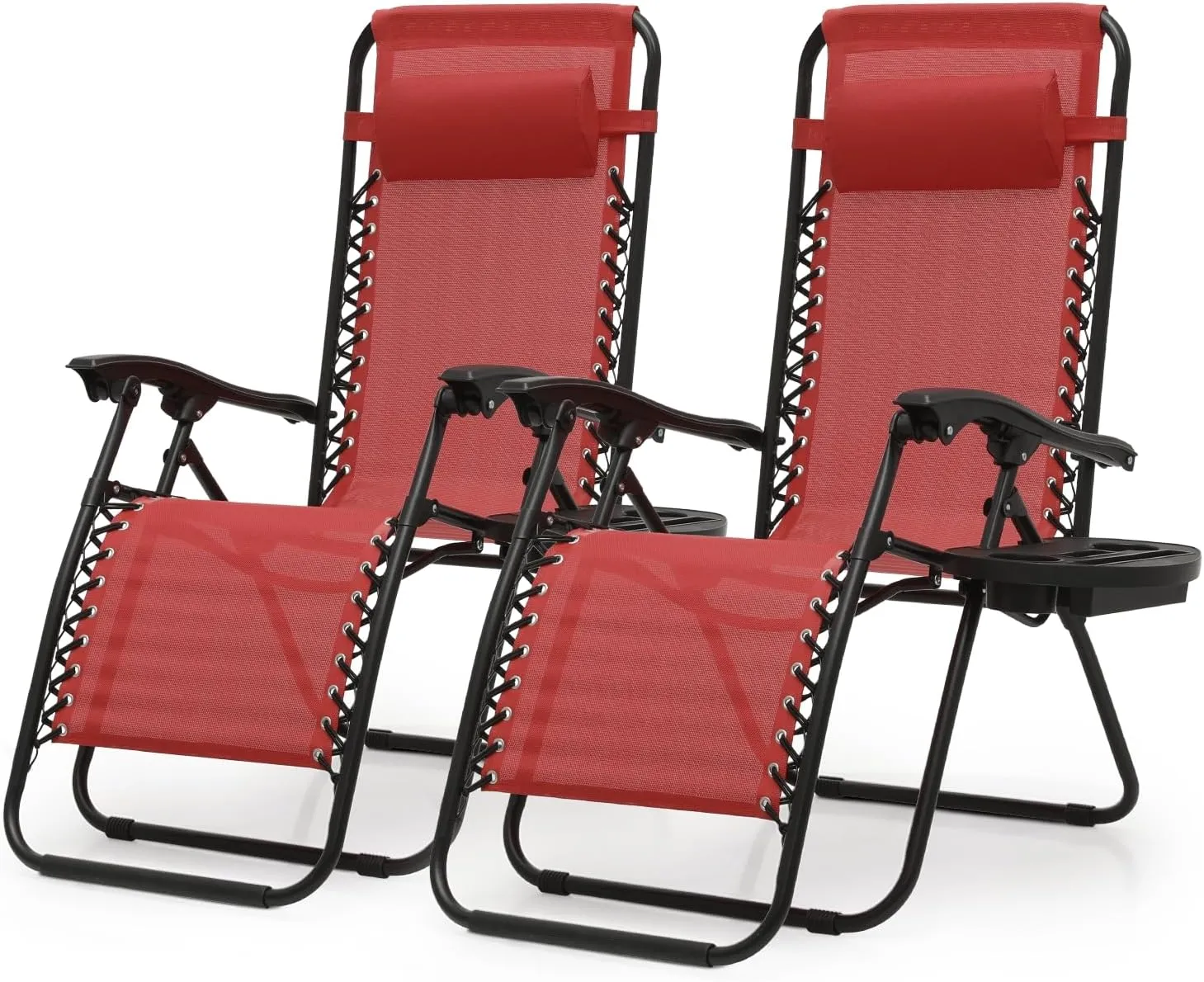 Zero Gravity Chairs, Portable Folding Reclining Lounge Chairs with Adjustable Pillow and Cup Holder Trays for Outdoor, Patio, Beach, Camping, Garden, Poolside, Set of 2 Wine Red