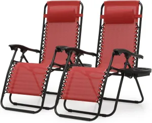Zero Gravity Chairs, Portable Folding Reclining Lounge Chairs with Adjustable Pillow and Cup Holder Trays for Outdoor, Patio, Beach, Camping, Garden, Poolside, Set of 2 Wine Red