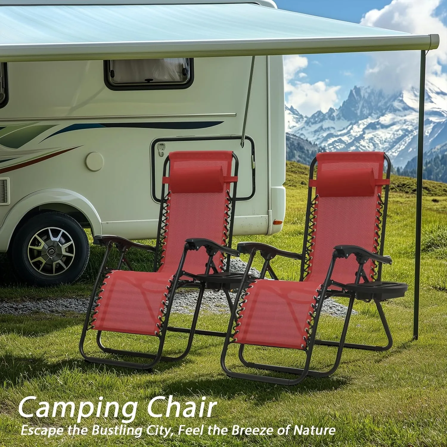 Zero Gravity Chairs, Portable Folding Reclining Lounge Chairs with Adjustable Pillow and Cup Holder Trays for Outdoor, Patio, Beach, Camping, Garden, Poolside, Set of 2 Wine Red