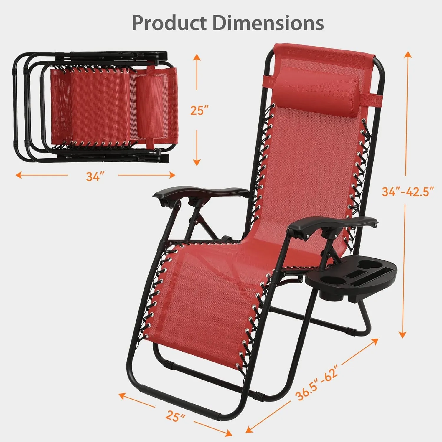 Zero Gravity Chairs, Portable Folding Reclining Lounge Chairs with Adjustable Pillow and Cup Holder Trays for Outdoor, Patio, Beach, Camping, Garden, Poolside, Set of 2 Wine Red