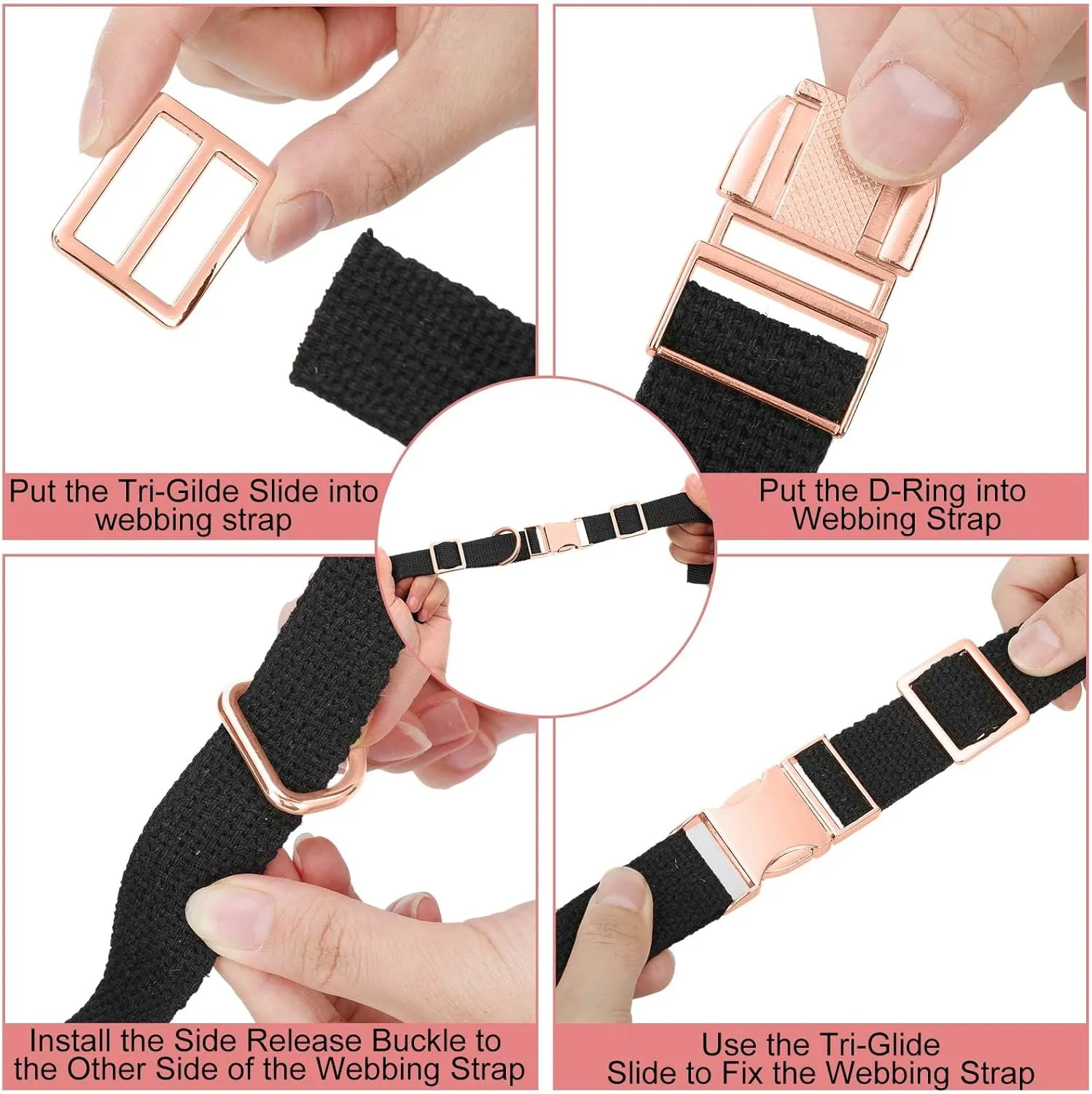 Zeyune 32 Pack Metal Buckles for Straps Dog Collar, 8 Pcs Side Release Buckle 8 Pcs D Rings 16 Pcs Tri Glide Slides Buckles
