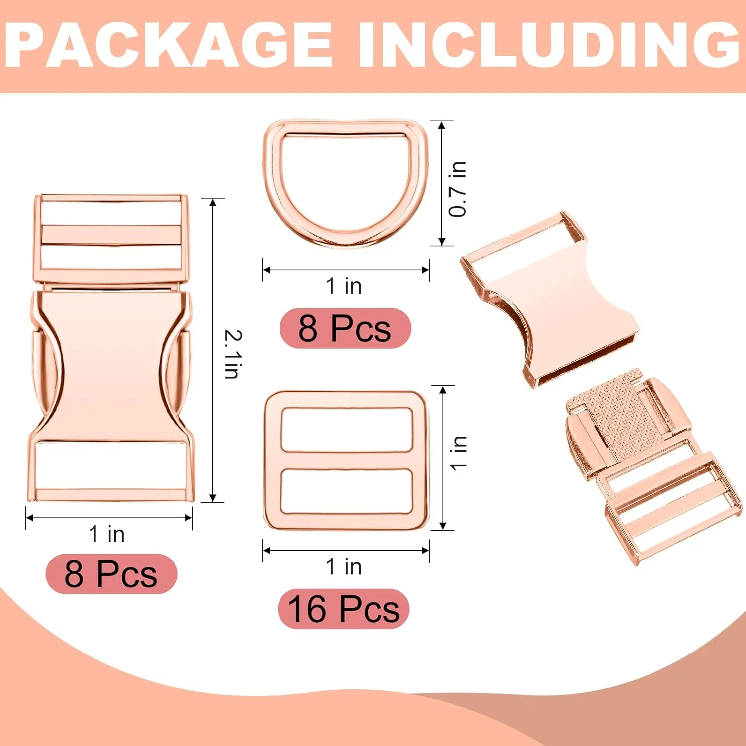 Zeyune 32 Pack Metal Buckles for Straps Dog Collar, 8 Pcs Side Release Buckle 8 Pcs D Rings 16 Pcs Tri Glide Slides Buckles