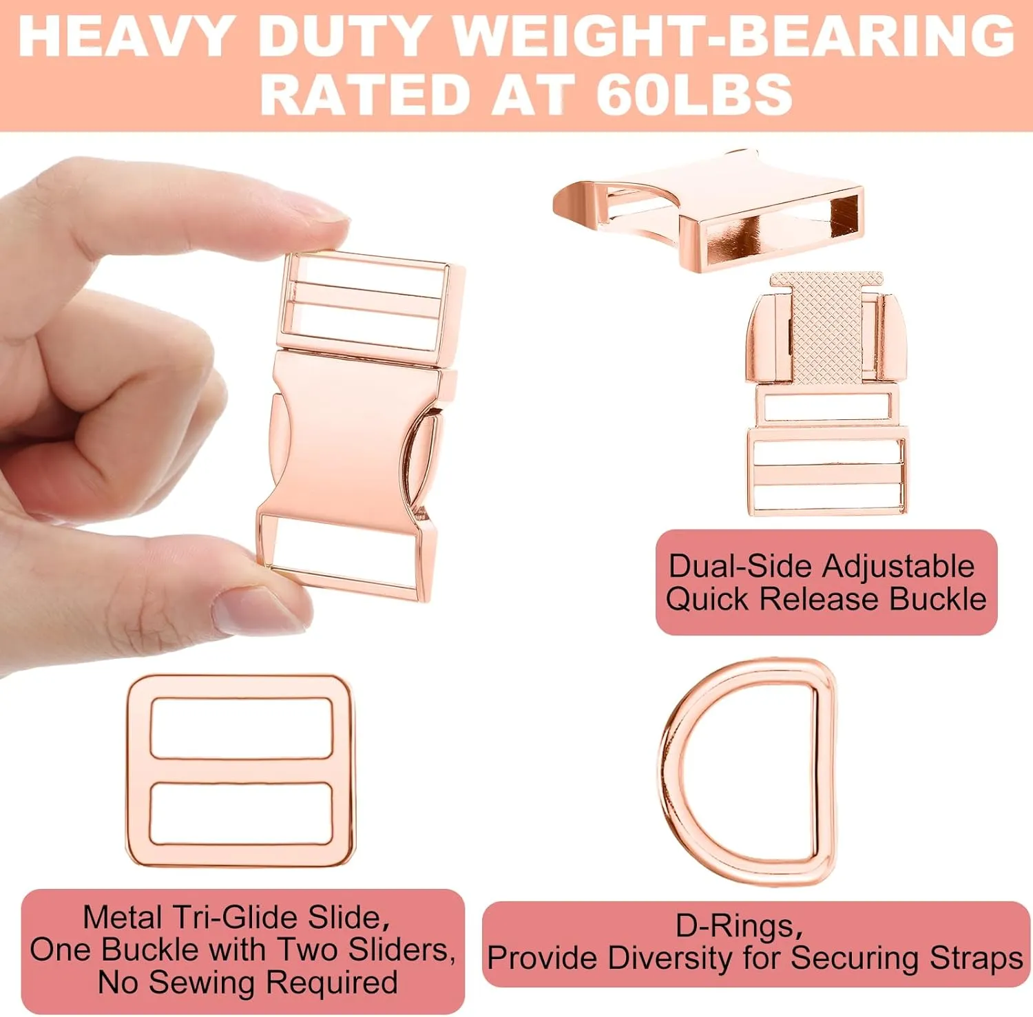 Zeyune 32 Pack Metal Buckles for Straps Dog Collar, 8 Pcs Side Release Buckle 8 Pcs D Rings 16 Pcs Tri Glide Slides Buckles