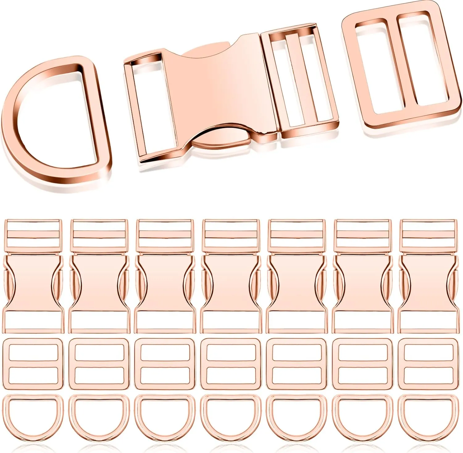 Zeyune 32 Pack Metal Buckles for Straps Dog Collar, 8 Pcs Side Release Buckle 8 Pcs D Rings 16 Pcs Tri Glide Slides Buckles