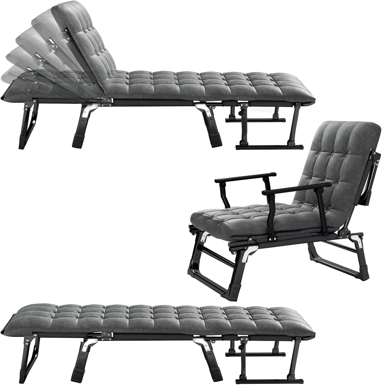 ZZV Folding Chaise Lounge Chair, Portable Camping Cot, 6-Position Reclining Chair, Heavy Duty Sleeping Cot with Thick Mattress Pad, Outdoor Bed for Patio Lawn Pool Beach, Grey