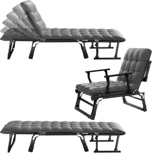 ZZV Folding Chaise Lounge Chair, Portable Camping Cot, 6-Position Reclining Chair, Heavy Duty Sleeping Cot with Thick Mattress Pad, Outdoor Bed for Patio Lawn Pool Beach, Grey
